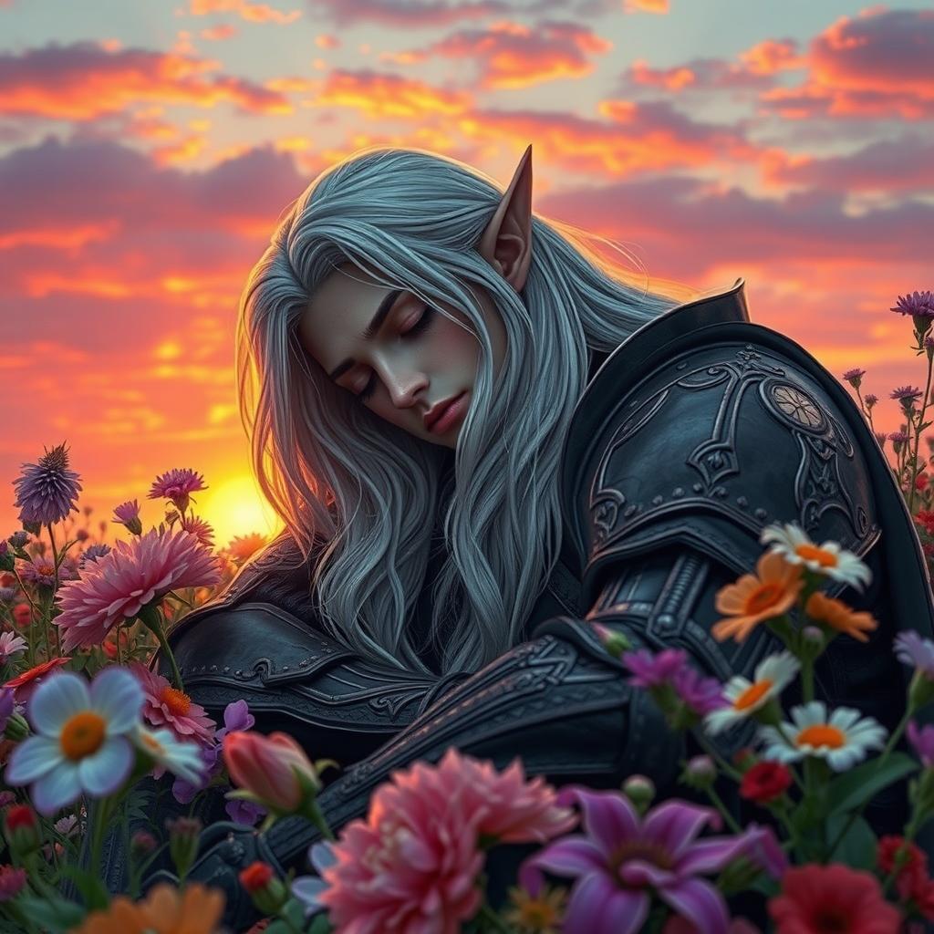 A male dark elf knight peacefully sleeping among vibrant flowers during a stunning sunset