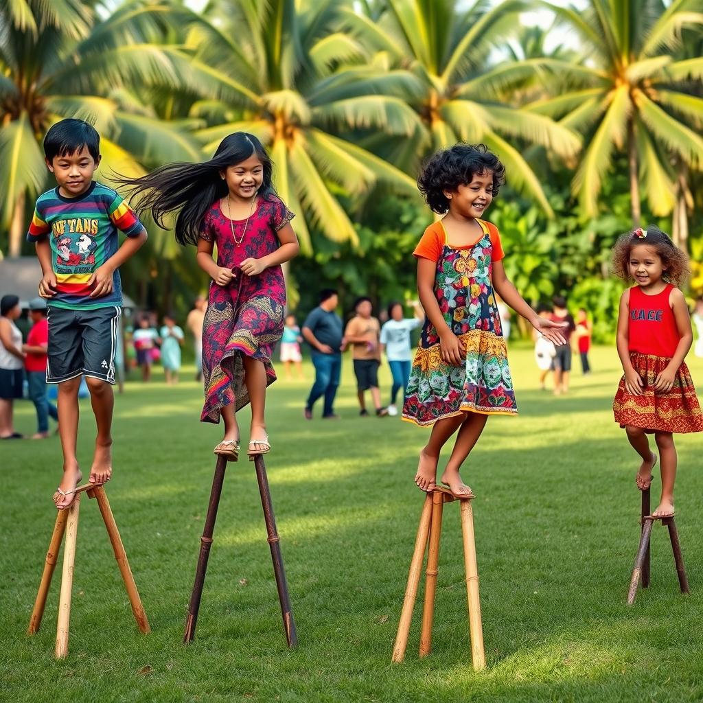 A vibrant scene depicting two pairs of boys and girls playing the traditional Indonesian game called 'egrang'