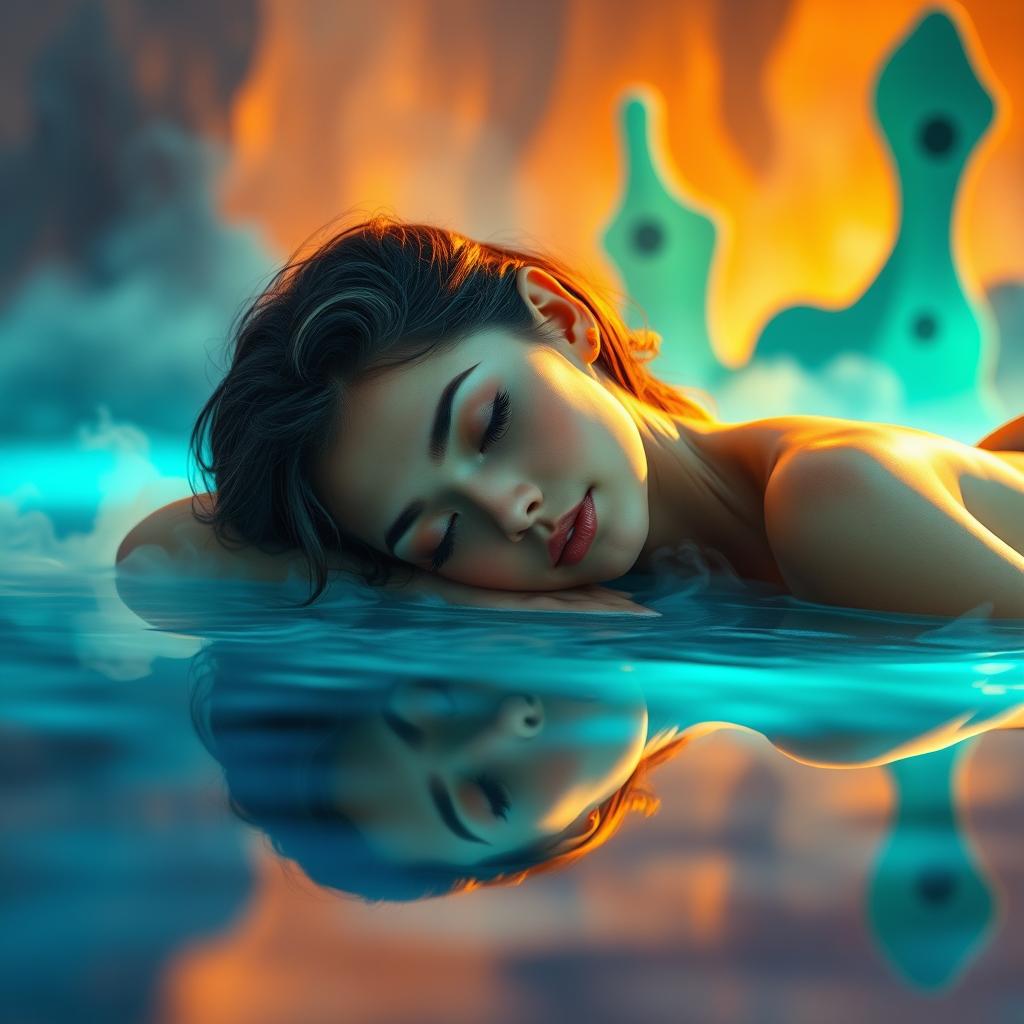 A beautiful woman laying down in a serene pose, reflecting a hydrothermal theme, with soft steam rising around her