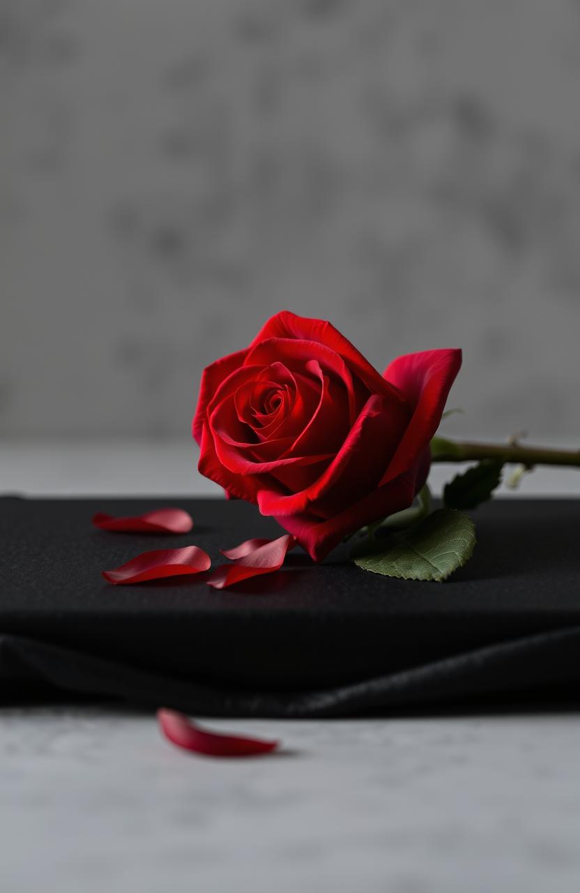 A romantic scene featuring a vibrant red rose, elegantly placed on a smooth black surface