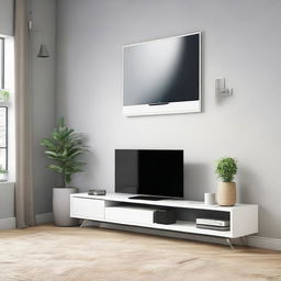 Design a contemporary TV bench with two drawers, dedicated spaces for a vertically positioned PlayStation 5, a subwoofer, two UPS units at the bottom, an Apple TV, and a set-top box. The TV and soundbar are wall-mounted above the stylish bench.