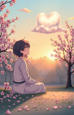 A visually striking illustration of a person sitting alone in a scenic park, surrounded by blooming cherry blossoms, thoughtfully gazing at a heart-shaped cloud in the sky, representing their feelings of unrequited love