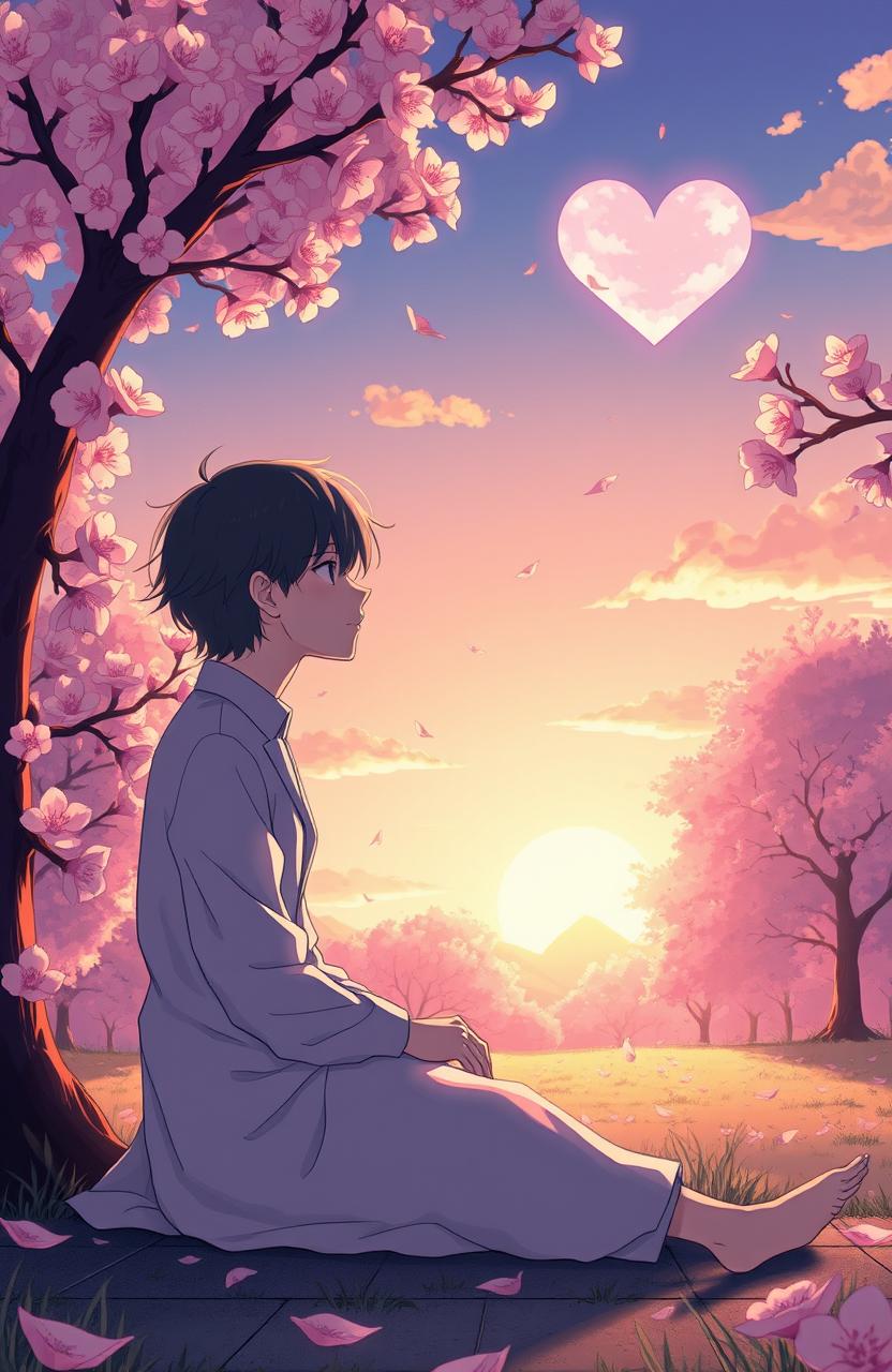 A visually striking illustration of a person sitting alone in a scenic park, surrounded by blooming cherry blossoms, thoughtfully gazing at a heart-shaped cloud in the sky, representing their feelings of unrequited love