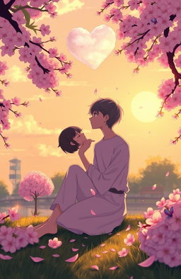 A visually striking illustration of a person sitting alone in a scenic park, surrounded by blooming cherry blossoms, thoughtfully gazing at a heart-shaped cloud in the sky, representing their feelings of unrequited love