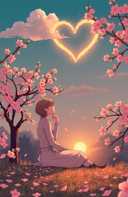 A visually striking illustration of a person sitting alone in a scenic park, surrounded by blooming cherry blossoms, thoughtfully gazing at a heart-shaped cloud in the sky, representing their feelings of unrequited love