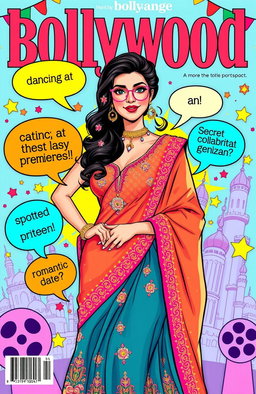 An illustrated magazine cover featuring a glamorous Bollywood celebrity surrounded by a flurry of colorful headlines about the latest celebrity gossip