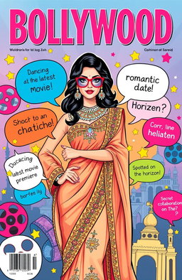 An illustrated magazine cover featuring a glamorous Bollywood celebrity surrounded by a flurry of colorful headlines about the latest celebrity gossip