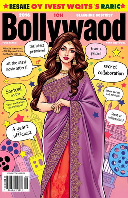 An illustrated magazine cover featuring a glamorous Bollywood celebrity surrounded by a flurry of colorful headlines about the latest celebrity gossip
