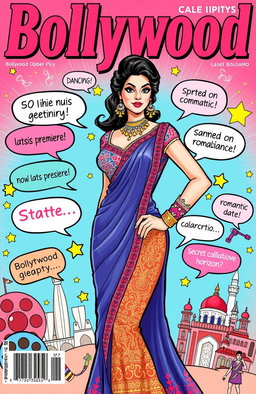 An illustrated magazine cover featuring a glamorous Bollywood celebrity surrounded by a flurry of colorful headlines about the latest celebrity gossip