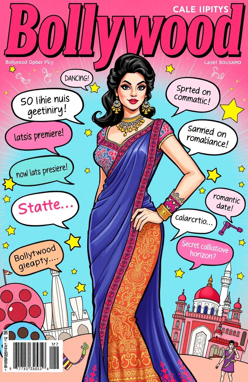 An illustrated magazine cover featuring a glamorous Bollywood celebrity surrounded by a flurry of colorful headlines about the latest celebrity gossip