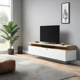 Design a contemporary TV bench with two drawers, dedicated spaces for a vertically positioned PlayStation 5, a subwoofer, two UPS units at the bottom, an Apple TV, and a set-top box. The TV and soundbar are wall-mounted above the stylish bench.