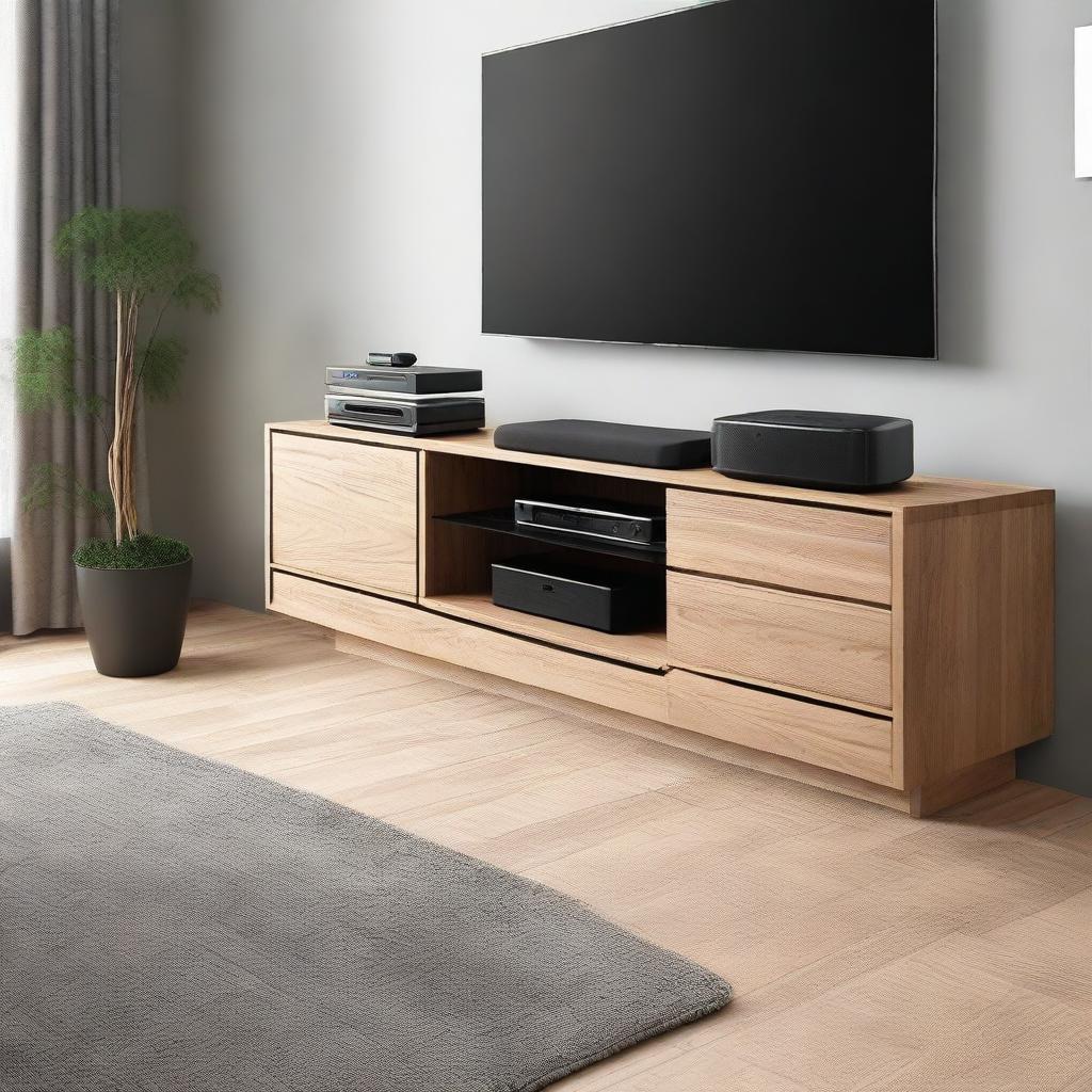 Design a contemporary TV bench with two drawers, dedicated spaces for a vertically positioned PlayStation 5, a subwoofer, two UPS units at the bottom, an Apple TV, and a set-top box. The TV and soundbar are wall-mounted above the stylish bench.