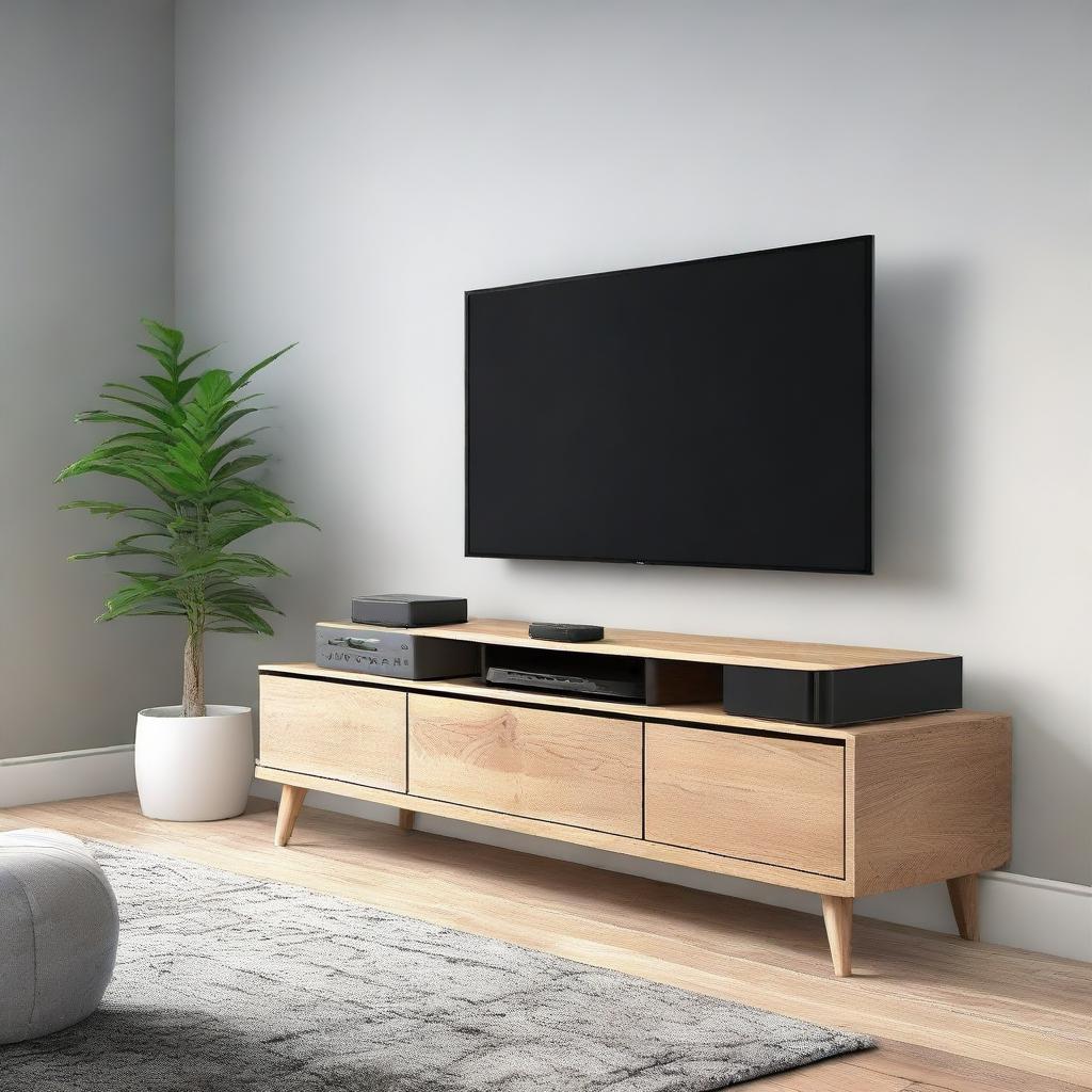 Design a contemporary TV bench with two drawers, dedicated spaces for a vertically positioned PlayStation 5, a subwoofer, two UPS units at the bottom, an Apple TV, and a set-top box. The TV and soundbar are wall-mounted above the stylish bench.