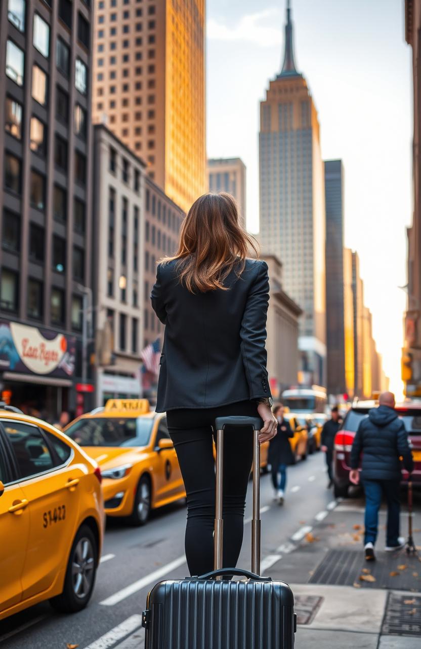 A woman in a stylish outfit, carrying a suitcase, standing on a busy New York City street as she gazes toward the skyline