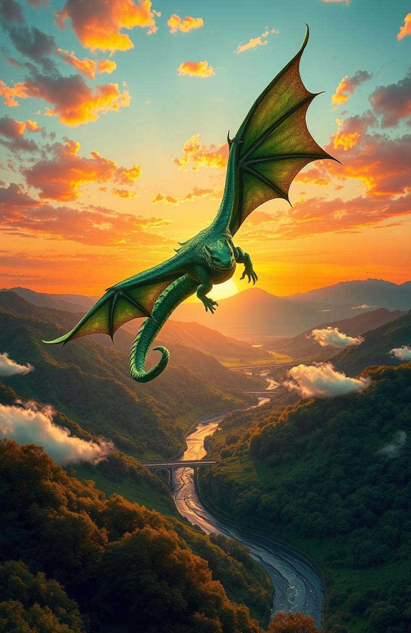 A fantastical scene depicting a majestic dragon soaring over a lush, green landscape during sunset, with vibrant orange and pink hues in the sky