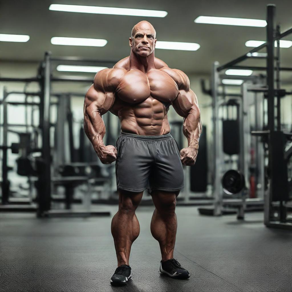 A muscular male bodybuilder flexing in a gym setting, filled with various workout equipment.