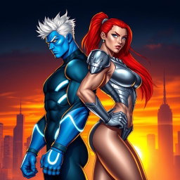 A powerful superhero duo showcasing enhanced musculature, standing back to back in a dramatic pose