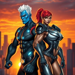 A powerful superhero duo showcasing enhanced musculature, standing back to back in a dramatic pose