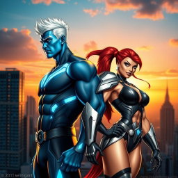 A powerful superhero duo showcasing enhanced musculature, standing back to back in a dramatic pose