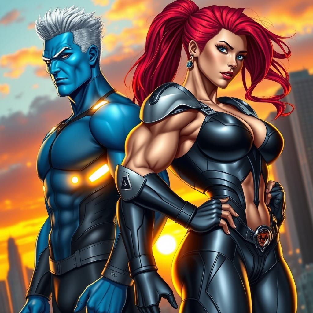 A powerful superhero duo showcasing enhanced musculature, standing back to back in a dramatic pose