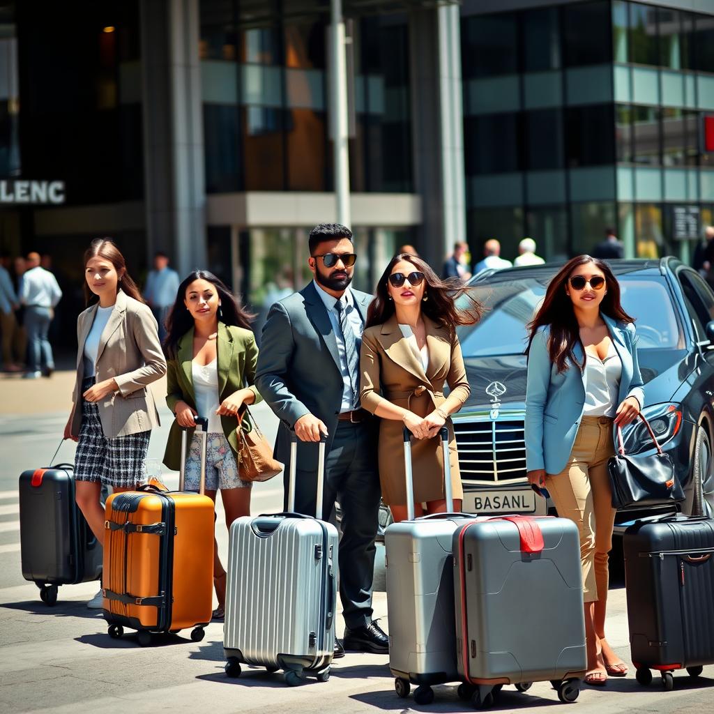 A bustling urban scene with several stylishly dressed individuals patiently waiting by the curbside, each carrying modern suitcases