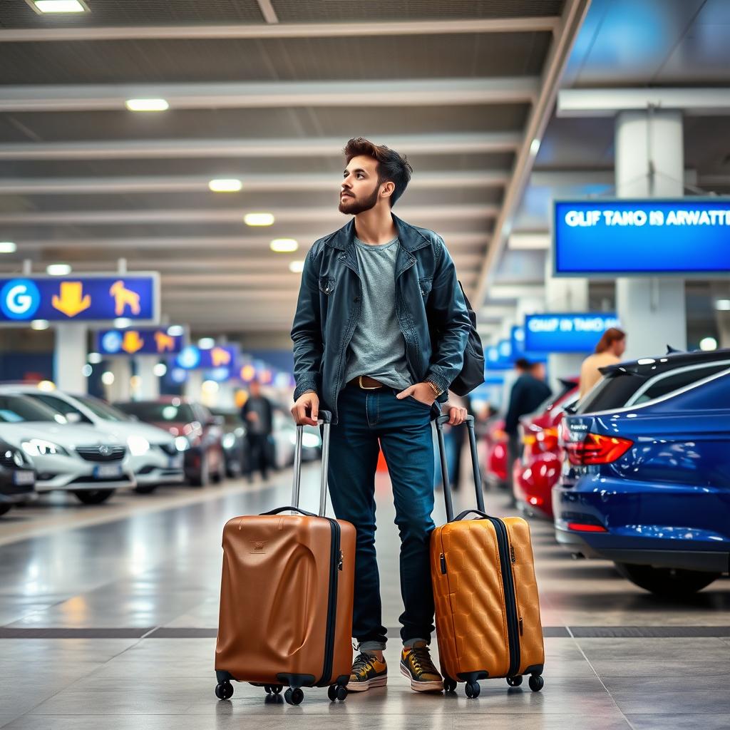 A busy airport scene featuring an individual standing with two stylish suitcases, looking expectantly towards the parking area