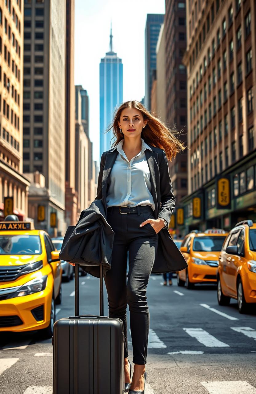 A determined woman relocating from New York City, standing on a busy city street with skyscrapers in the background, holding a suitcase