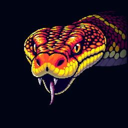 A highly detailed pixel art illustration of a snake's head, featuring vibrant colors and intricate patterns on the scales