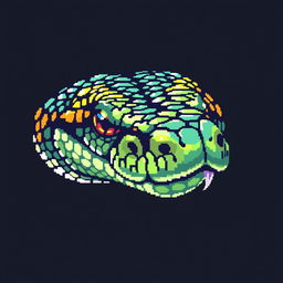 A highly detailed pixel art illustration of a snake's head, featuring vibrant colors and intricate patterns on the scales