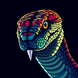 A highly detailed pixel art illustration of a snake's head, featuring vibrant colors and intricate patterns on the scales