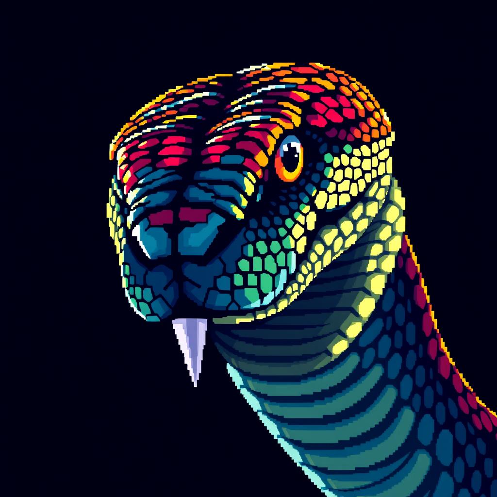 A highly detailed pixel art illustration of a snake's head, featuring vibrant colors and intricate patterns on the scales
