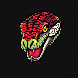 A highly detailed pixel art illustration of a snake's head, featuring vibrant colors and intricate patterns on the scales