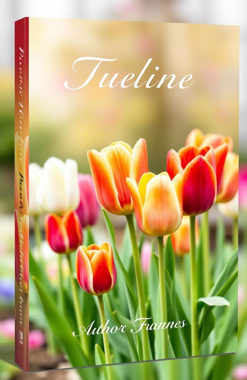 A beautifully designed book cover featuring vibrant tulip flowers in various colors, prominently displayed