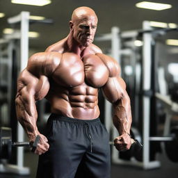 A muscular male bodybuilder flexing in a gym setting, filled with various workout equipment.