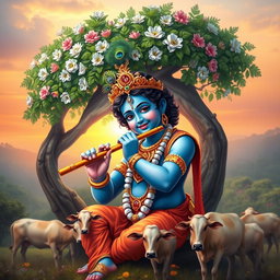 A divine and serene depiction of Lord Krishna, with his iconic blue skin and playful expression