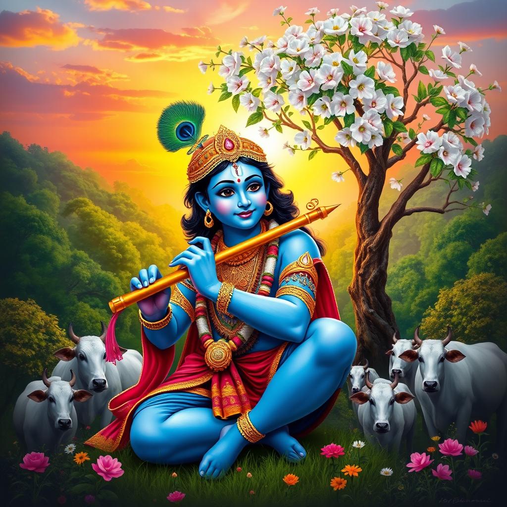 A divine and serene depiction of Lord Krishna, with his iconic blue skin and playful expression