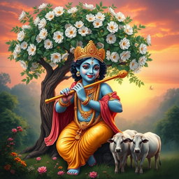 A divine and serene depiction of Lord Krishna, with his iconic blue skin and playful expression