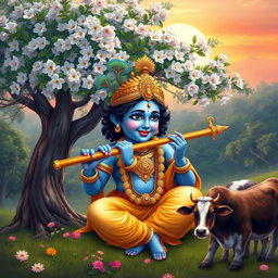 A divine and serene depiction of Lord Krishna, with his iconic blue skin and playful expression