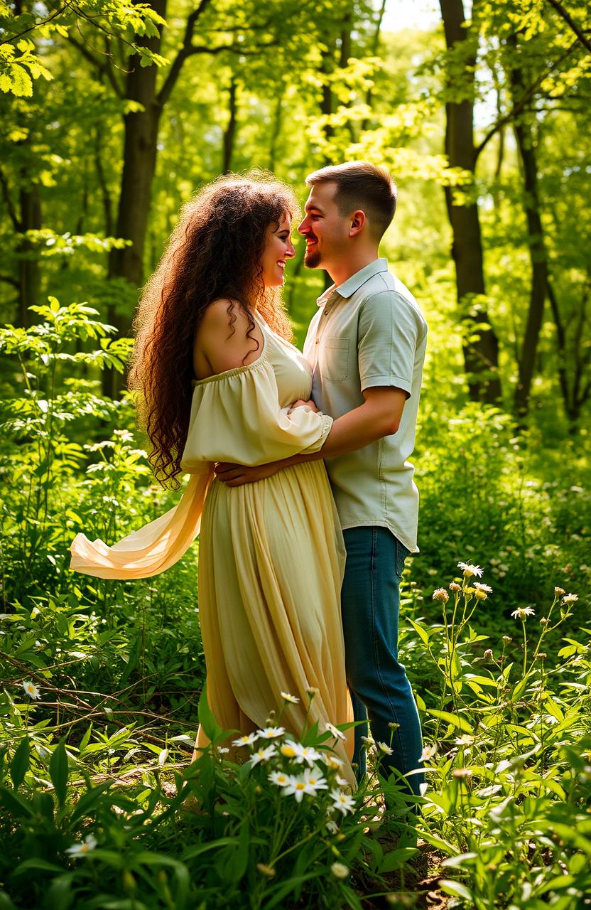A romantic couple in a lush green forest, surrounded by vibrant foliage