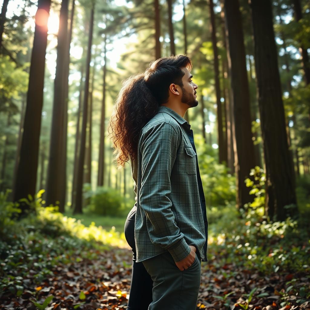 A romantic couple standing back to back in a serene forest setting, surrounded by tall trees and lush greenery