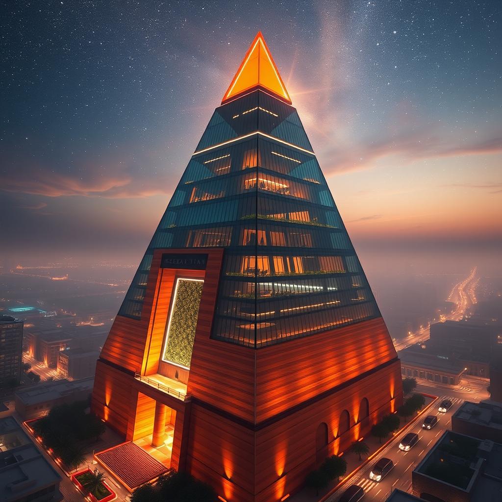 A stunning depiction of the EBEEAVIJAN Tower, a 90-meter modern pyramid reaching towards the sky like an ancient temple belonging to another world
