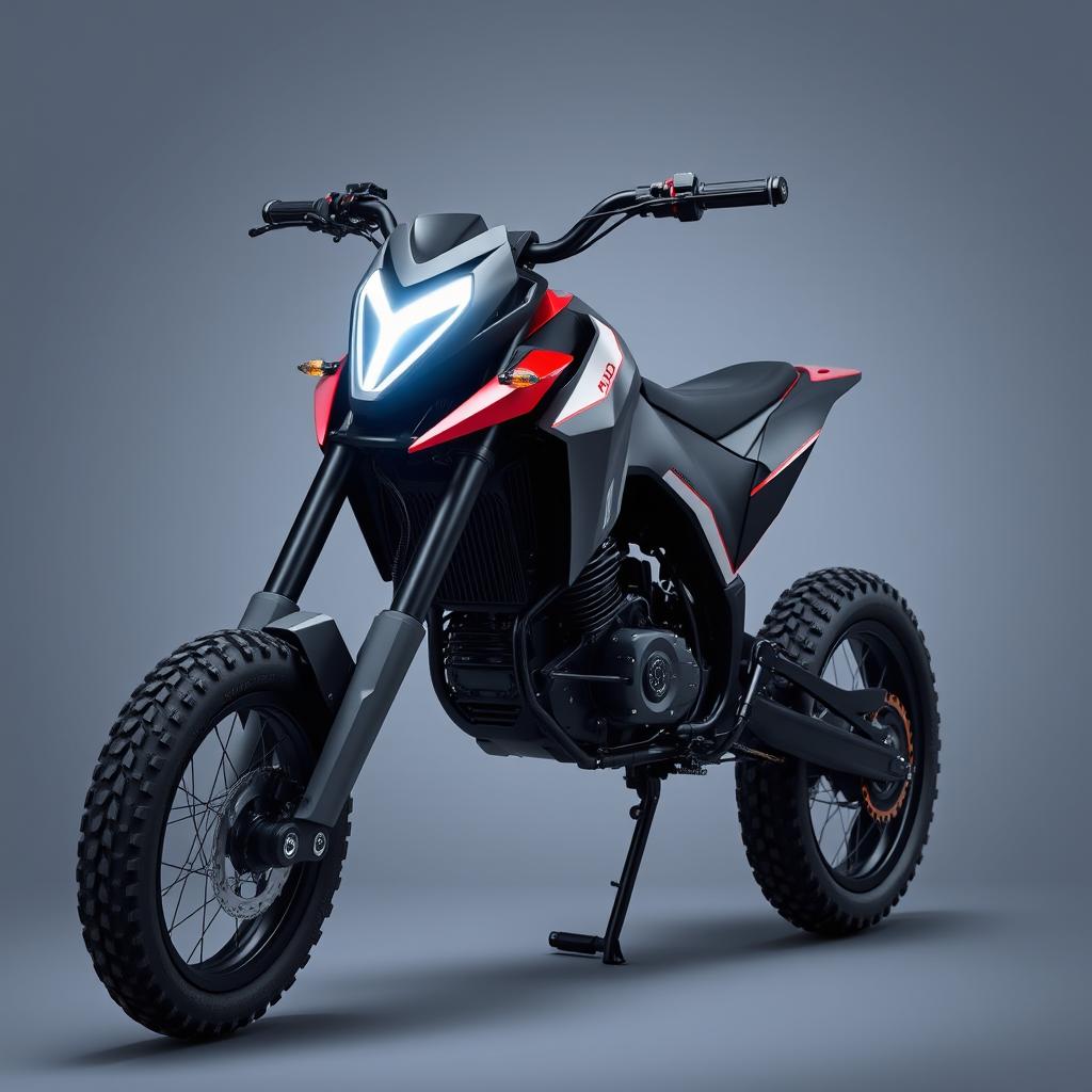A unique and innovative electric pit bike featuring sharp edges and a strict design in black and red colors