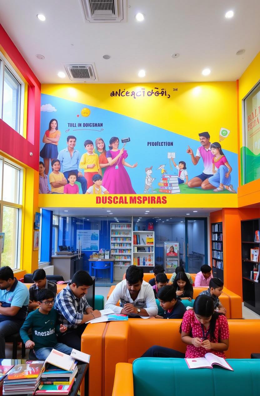A vibrant and colorful library scene showcasing students engaged in study