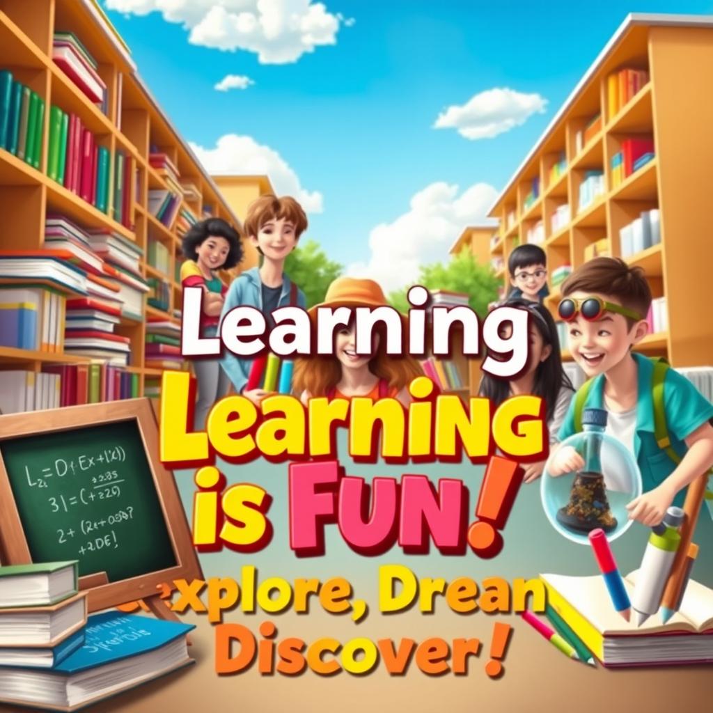 A vibrant and engaging school poster showcasing various elements of education like books, a chalkboard with equations, and science lab equipment