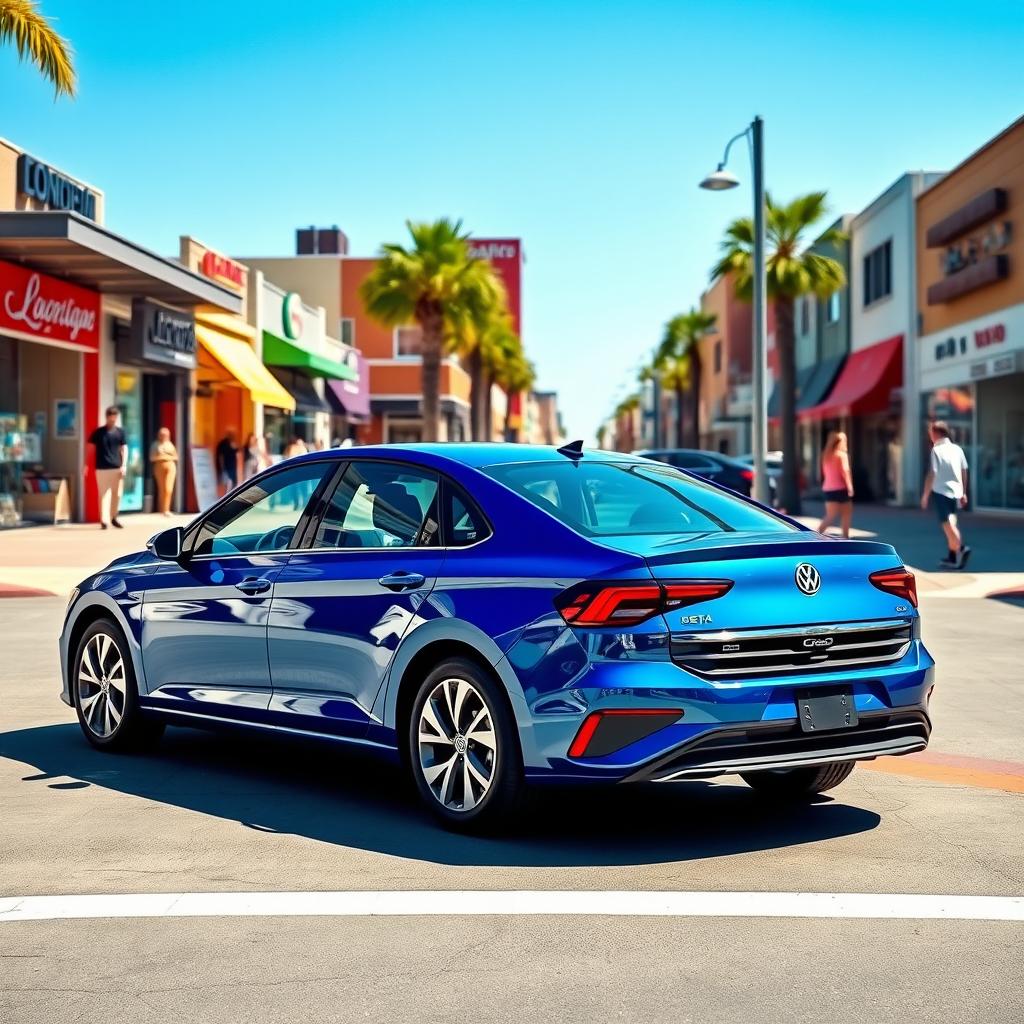 A sleek and modern 2020 blue Volkswagen Jetta parked in a vibrant urban setting