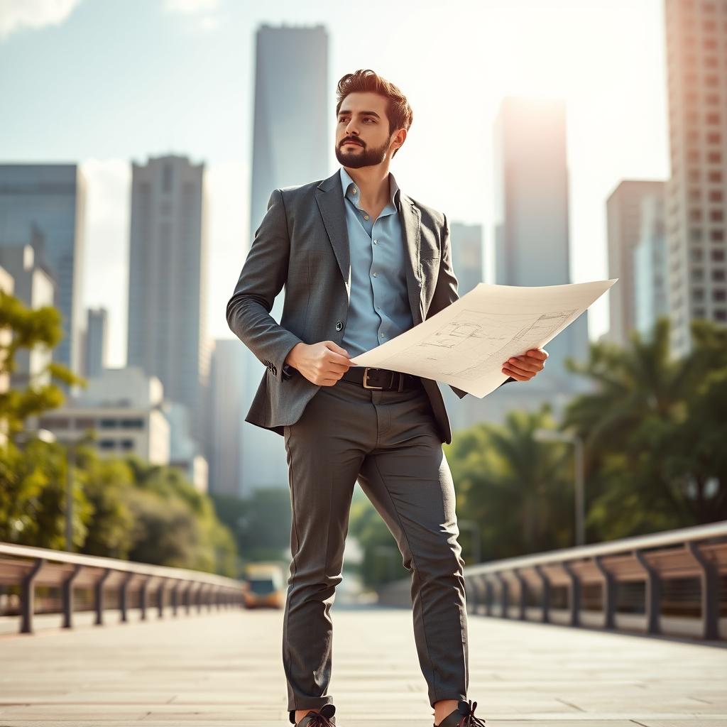 A confident and determined man holding a blueprint in an urban setting, symbolizing ambition and planning
