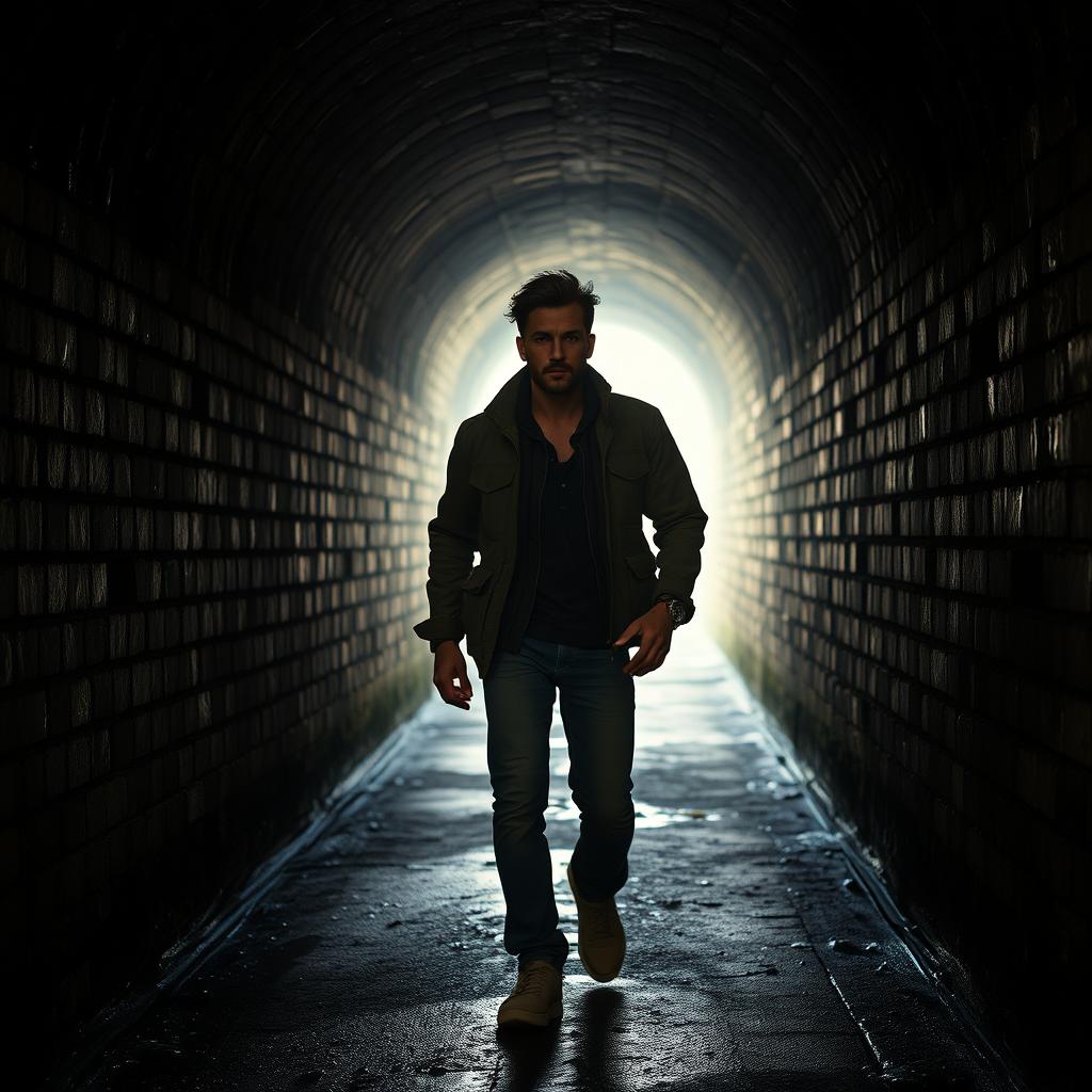 A determined man walking through a dimly lit tunnel, showcasing a journey of perseverance and exploration