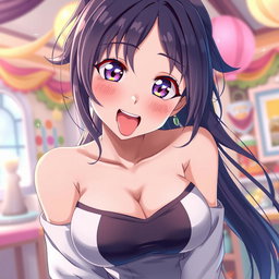 An 18-year-old anime girl with large breasts wearing a deep neckline top, leaning towards the screen playfully with her tongue sticking out