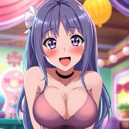 An 18-year-old anime girl with large breasts wearing a deep neckline top, leaning towards the screen playfully with her tongue sticking out