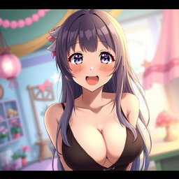An 18-year-old anime girl with large breasts wearing a deep neckline top, leaning towards the screen playfully with her tongue sticking out